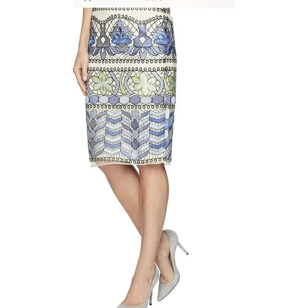 Beige ECI All Over Embroidery Midi Length Skirt 8 Teal Green Floral Lace Lined